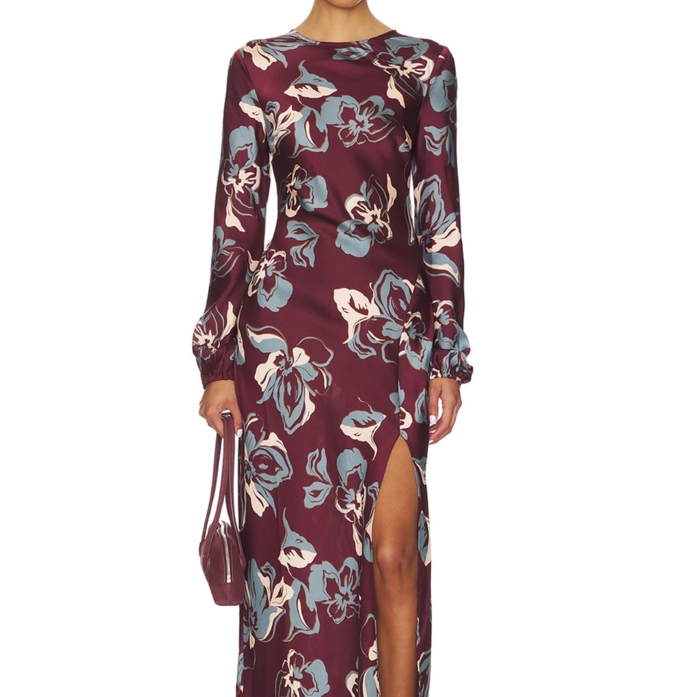 Astr Burgundy and Blue Floral Long Sleeve Dress